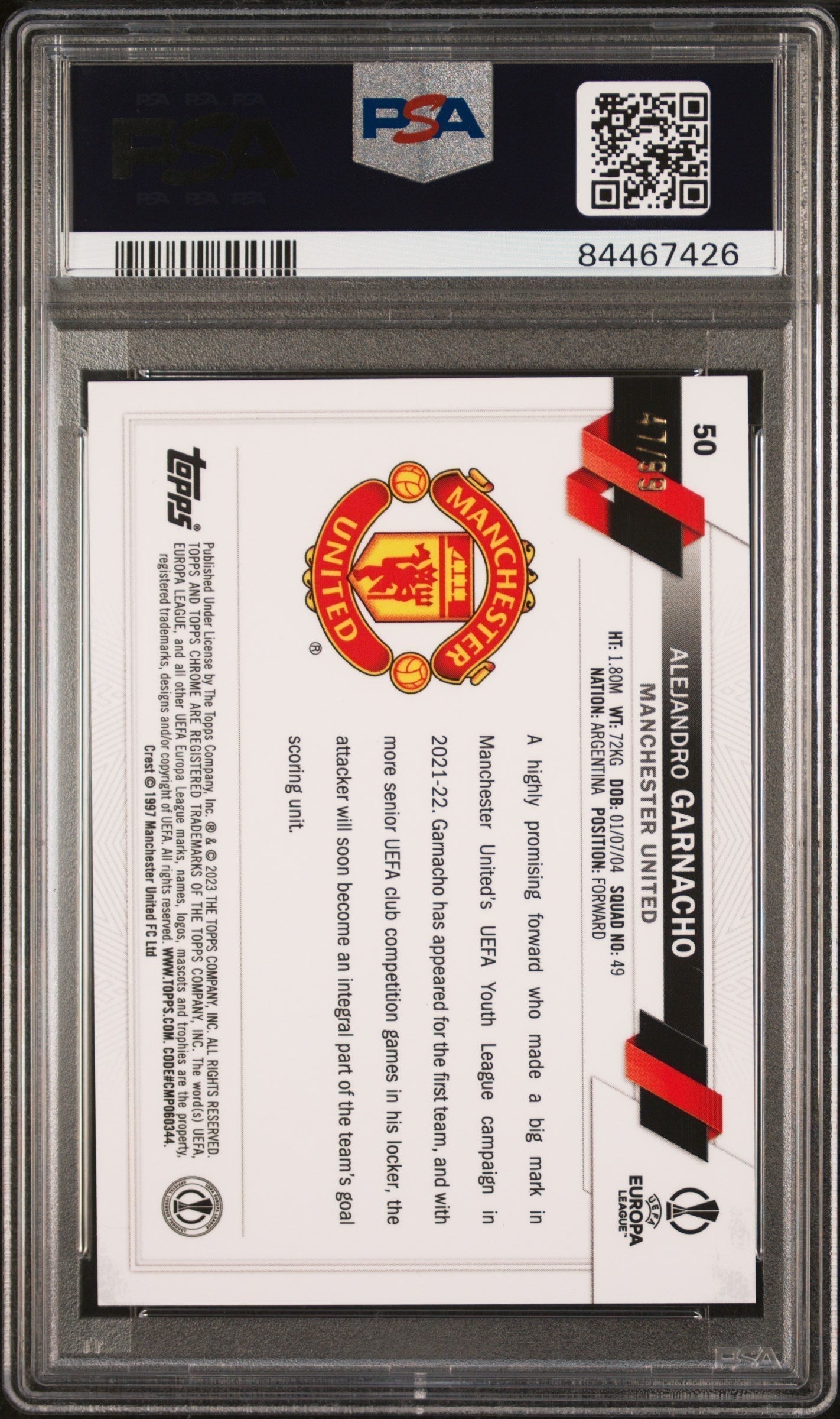 Best Deal - Topps Alejandro Garnacho Yellow SP Card /99 Sapphire UCC 2022-23 #50 PSA10